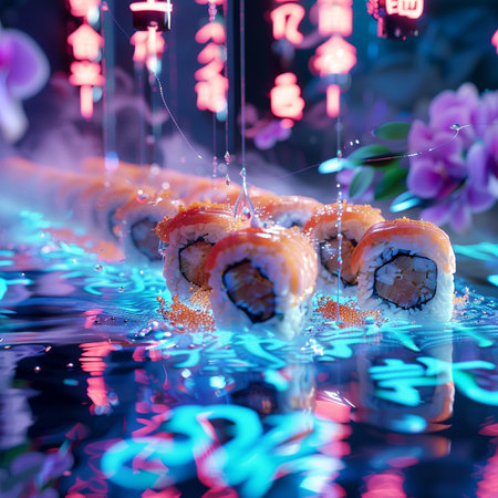 Sushi roll with salmon, eel, caviar, cream cheese and cucumber on a blue background.の素材