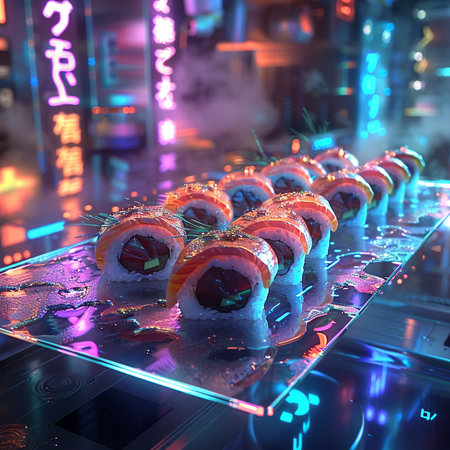 Sushi rolls with salmon and eel on a digital tablet. 3d renderingの素材