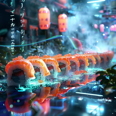 Sushi roll with salmon, shrimp, avocado, caviar, cream cheese and cucumber on a dark background.の素材