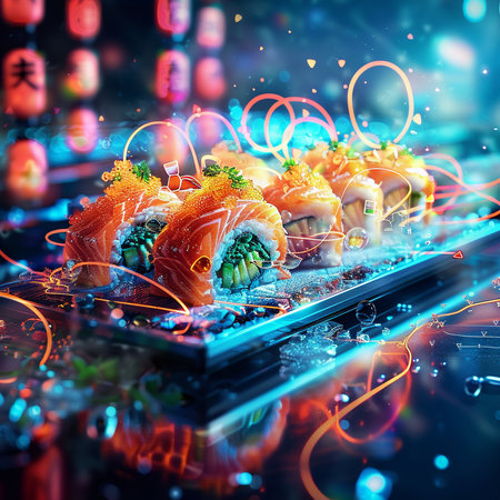 Sushi roll with salmon, eel, avocado, caviar, cream cheese, wasabi, ginger, wasabi and soy sauce on black background.の素材