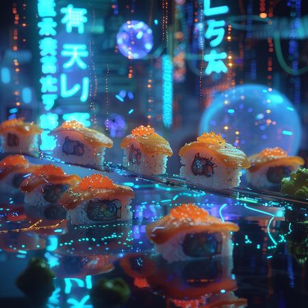 Sushi with caviar. Sushi rolls with caviar on a black background.の素材