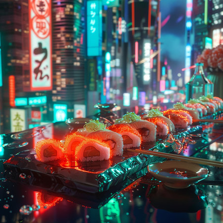 Sushi roll with chopsticks on table in the night city.の素材