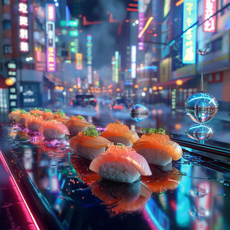 Nigiri Sushi, Japanese food in the night city.の素材