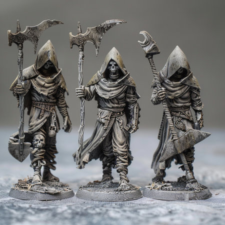 Medieval figures on gray background. Selective focus, shallow depth of field.の素材