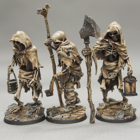 Skeleton soldiers with ax and lantern on gray background. Halloween concept.の素材