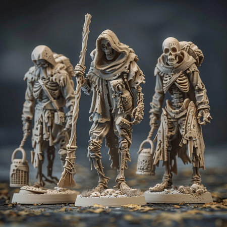 Medieval battle scene with toy soldiers and skulls. Selective focus.の素材