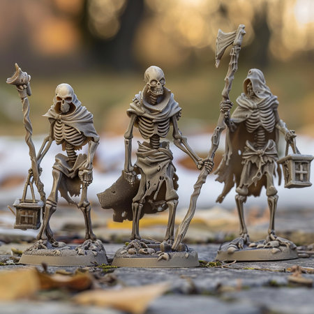 Skeleton soldiers standing on a stone path in the park. Halloween conceptの素材