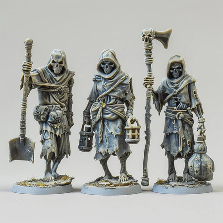 Medieval statuettes of soldiers with weapons on a white backgroundの素材