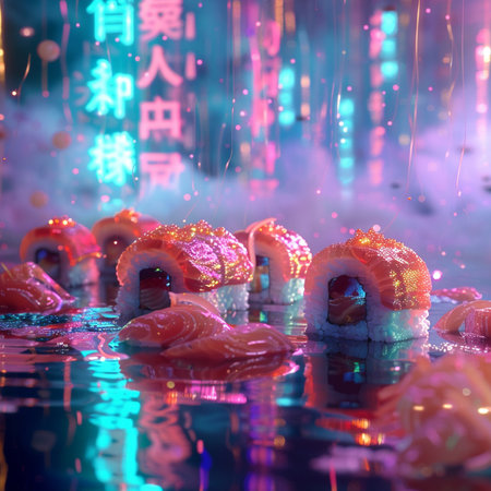 Sushi and rolls on the background of the night city. Selective focus.の素材