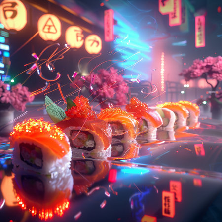 Sushi rolls with red caviar on a table in a restaurantの素材