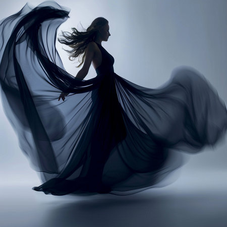 Fashion art photo of young beautiful woman in black dress with flying fabricの素材
