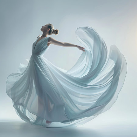Beautiful female ballet dancer in a long white dress. Studio shot.の素材