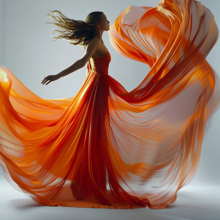 Beautiful woman in a long orange dress dancing flamenco.の素材