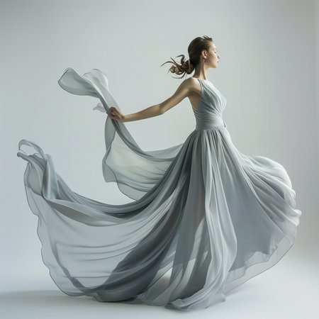 Full length portrait of a beautiful young woman in white dress on gray backgroundの素材