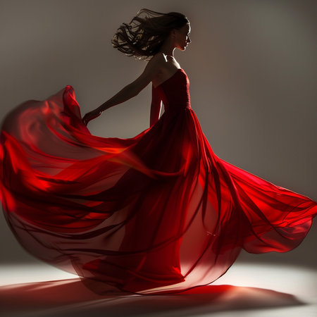 Beautiful woman in a red dress with flying hair on a gray backgroundの素材