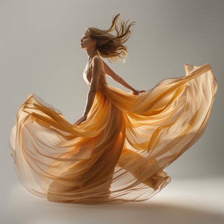 Beautiful young woman in a flying silk dress. Studio shot.の素材