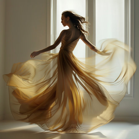 Beautiful female ballet dancer dancing in a studio with yellow tulleの素材