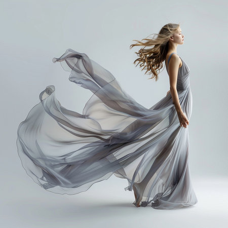 Beautiful young woman in a flying transparent dress. Studio shot.の素材