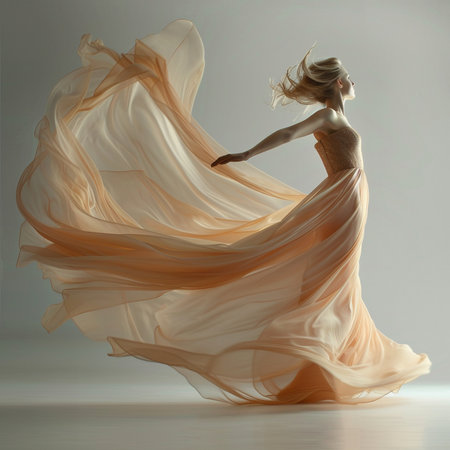 Beautiful young woman in a flying orange dress. Studio shot.の素材