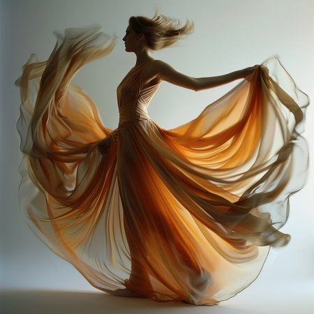 Beautiful woman in a long dress with flying fabric. Studio shot.の素材