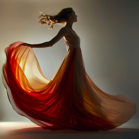 Fashion art photo of beautiful woman with flying dress. Studio shot.の素材