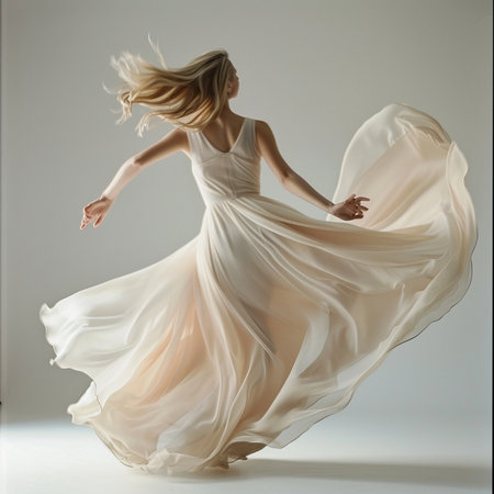 Beautiful female ballet dancer in a long white dress dancing in the studioの素材