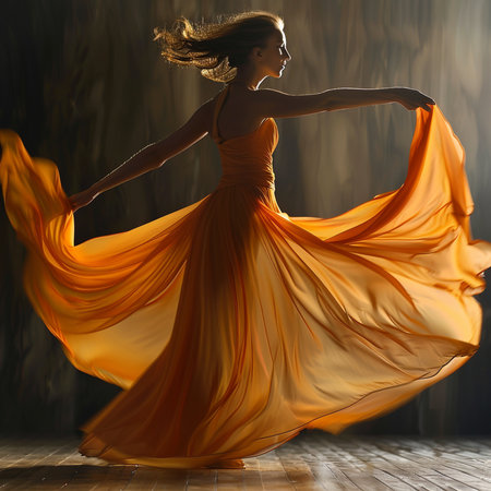 Beautiful young woman dancing flamenco in orange dress in dark roomの素材