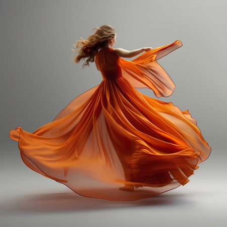 Beautiful young woman in elegant long orange dress dancing. Studio shot.の素材