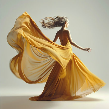 Beautiful young woman in a yellow dress dancing with flying fabric on a gray backgroundの素材