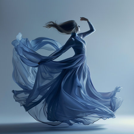 beautiful girl in a long blue dress on a gray background.の素材
