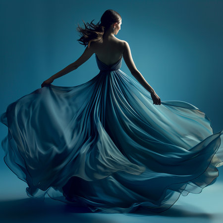 Beautiful young woman in a blue dress dancing in the studio.の素材