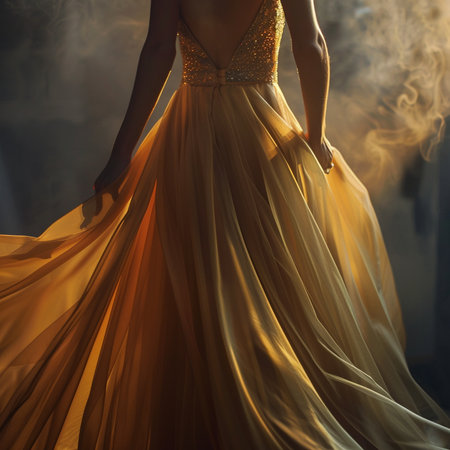 Beautiful woman in a long yellow dress on the background of smokeの素材