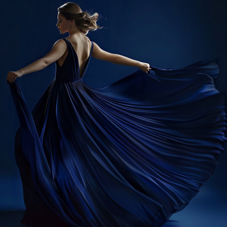 Beautiful woman in a blue dress dancing in the dark studio.の素材