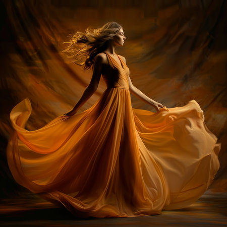 Young beautiful woman in a long orange dress on a dark background.の素材