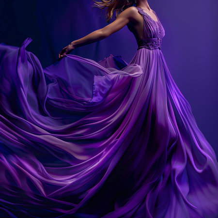 Fashion photo of a beautiful woman in a long purple dress.の素材
