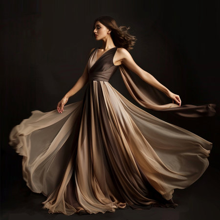 Beautiful brunette woman in a long dress on a dark backgroundの素材