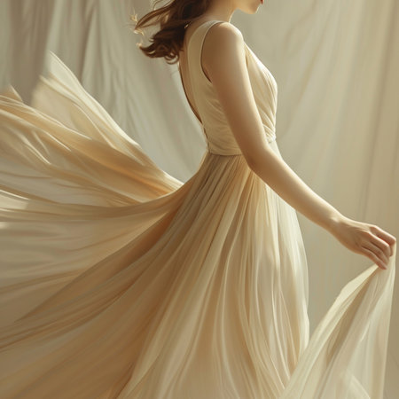 Beautiful young woman in a beige wedding dress in the studioの素材