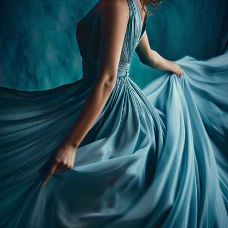 Beautiful woman in a long blue dress on a blue background.の素材