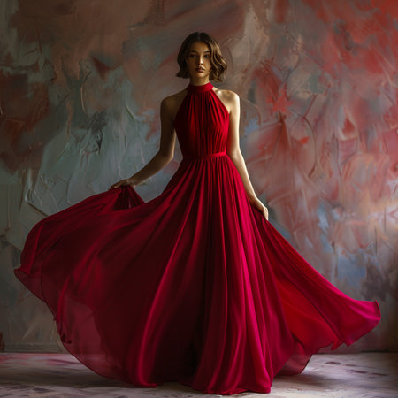 Beautiful girl in a long red dress dancing flamenco.の素材