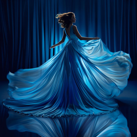 Young beautiful woman in blue dress dancing on stage over blue curtain backgroundの素材