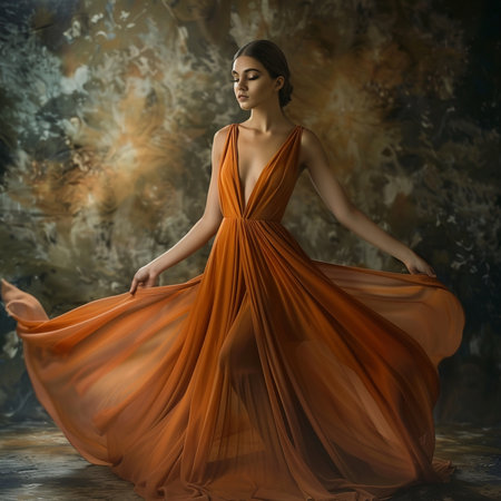 Young beautiful woman in a long orange dress on a dark background.の素材