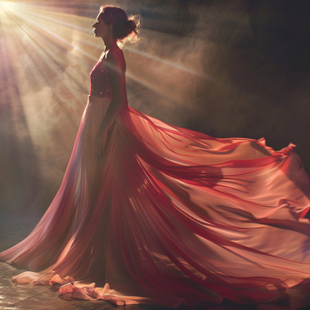 Beautiful young woman in a red dress in the rays of lightの素材