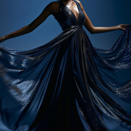 Fashion shot of a beautiful woman in a blue evening dress.の素材