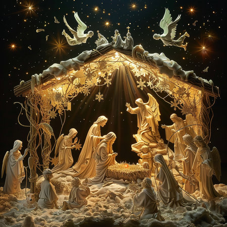 Christmas nativity scene with holy family, 3d digitally rendered illustrationの素材