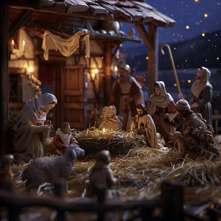 Nativity Scene with Mary, Joseph and baby Jesus. Christmas background.の素材