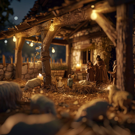 Nativity Scene with Mary, Joseph and baby Jesus in the cribの素材