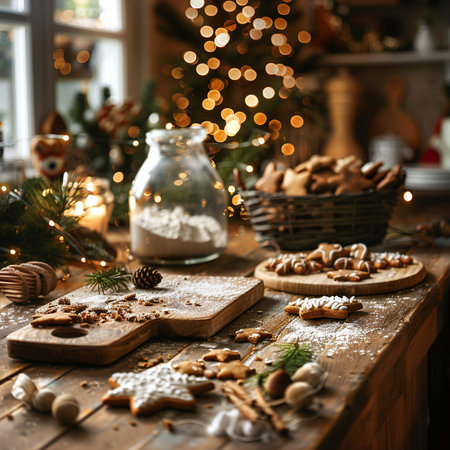 Christmas cookies and gingerbread on wooden table in rustic kitchen.の素材