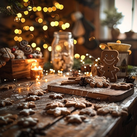 Christmas gingerbread cookies on a wooden table in a rustic style.の素材