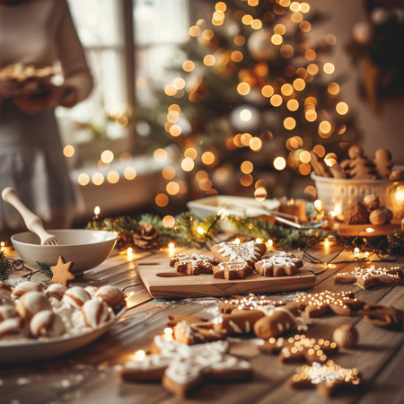 Christmas cookies and gingerbread on the wooden table. Selective focus.の素材
