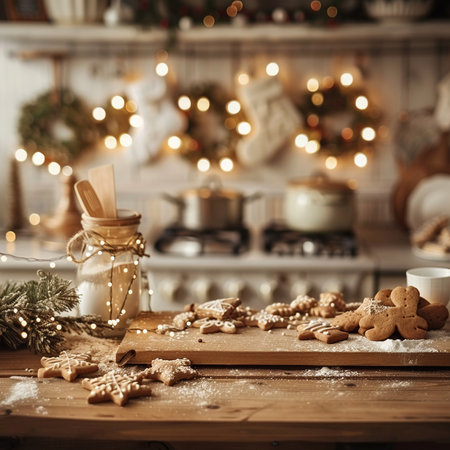 Christmas cookies on wooden table in modern kitchen with christmas lights.の素材